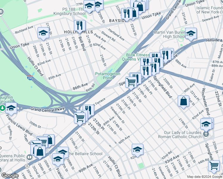 map of restaurants, bars, coffee shops, grocery stores, and more near 87-04 215th Place in Queens