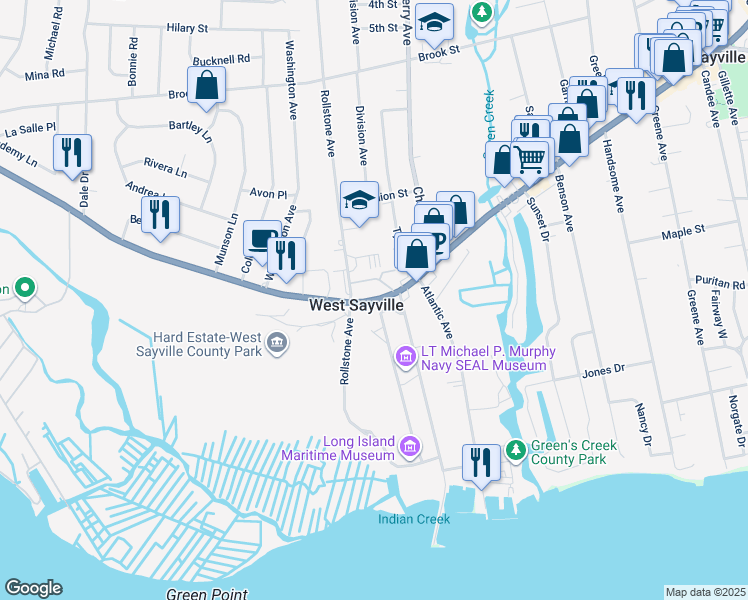 map of restaurants, bars, coffee shops, grocery stores, and more near 112 Main Street in West Sayville