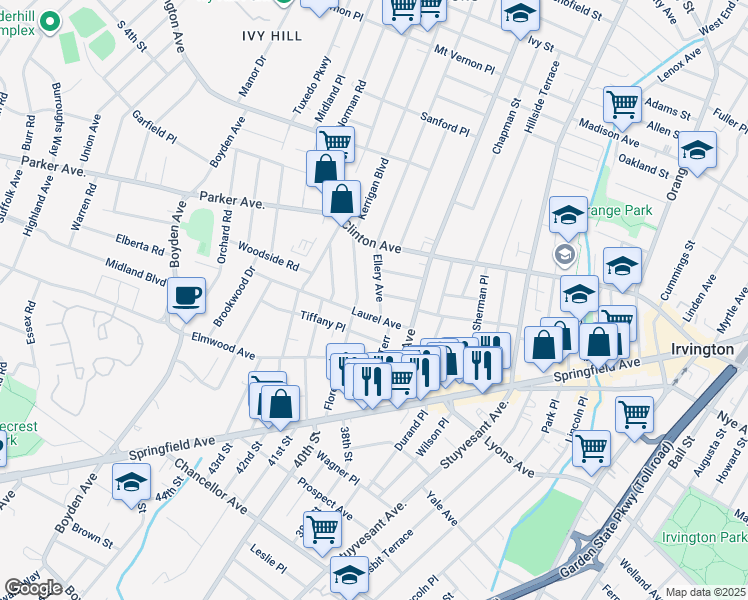 map of restaurants, bars, coffee shops, grocery stores, and more near 17 Ellery Avenue in Irvington