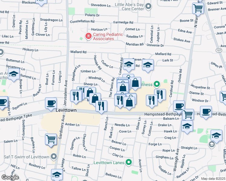 map of restaurants, bars, coffee shops, grocery stores, and more near 25 The Plains Road in Levittown