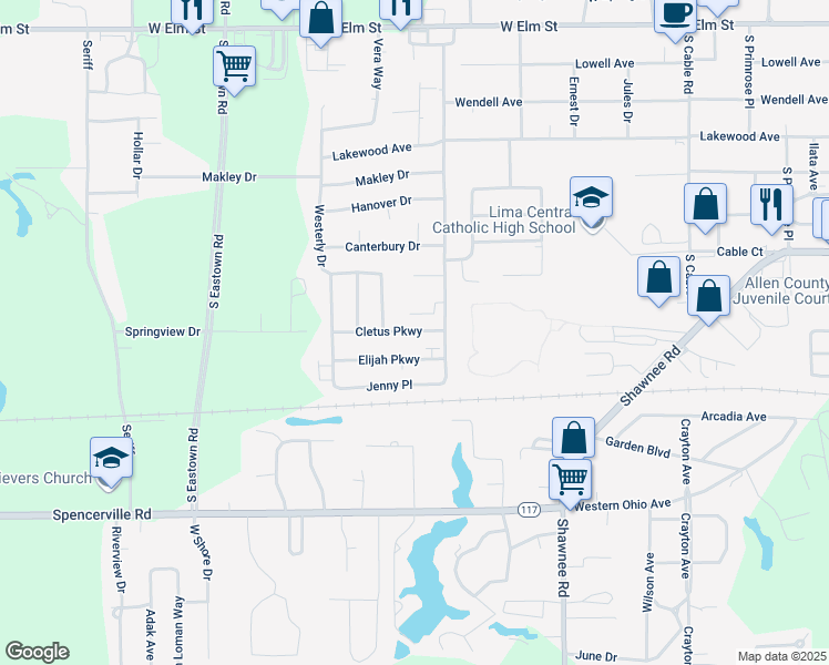 map of restaurants, bars, coffee shops, grocery stores, and more near 2951 Cletus Parkway in Lima