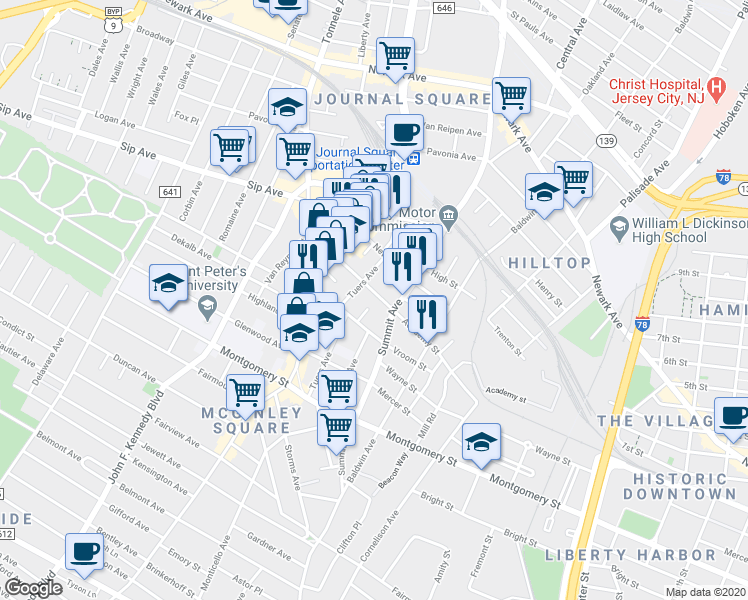 map of restaurants, bars, coffee shops, grocery stores, and more near 229 Academy Street in Jersey City