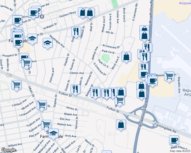 map of restaurants, bars, coffee shops, grocery stores, and more near 522 Secatogue Avenue in Farmingdale