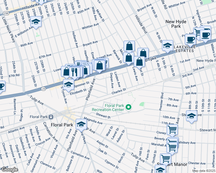 map of restaurants, bars, coffee shops, grocery stores, and more near 23 Granger Avenue in Floral Park
