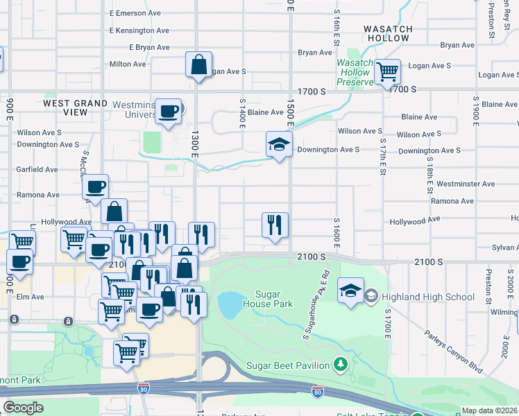 map of restaurants, bars, coffee shops, grocery stores, and more near 1428 Ramona Avenue in Salt Lake City