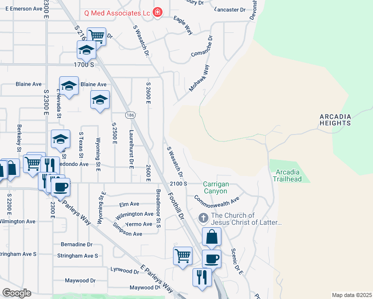 map of restaurants, bars, coffee shops, grocery stores, and more near 1945 Scenic Drive East in Salt Lake City