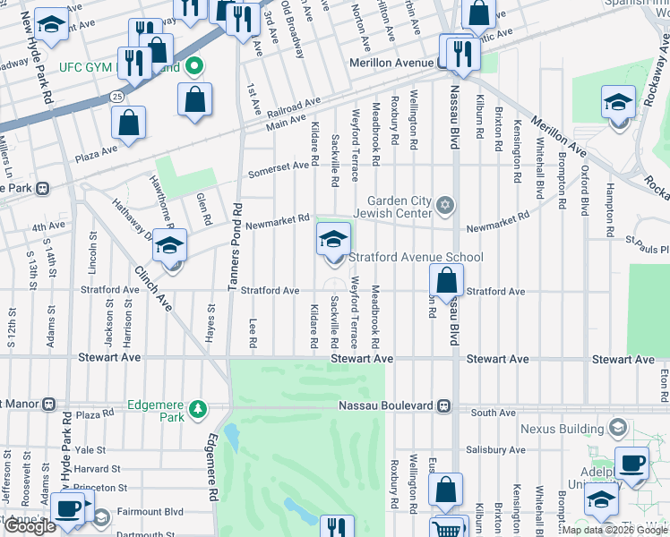 map of restaurants, bars, coffee shops, grocery stores, and more near 146 Weyford Terrace in Garden City