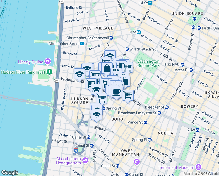 map of restaurants, bars, coffee shops, grocery stores, and more near West Houston Street in New York