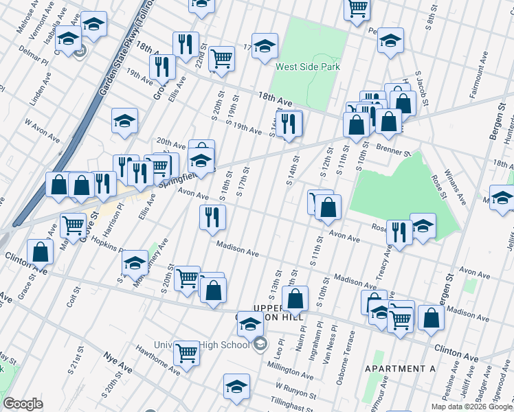 map of restaurants, bars, coffee shops, grocery stores, and more near 439 Avon Avenue in Newark