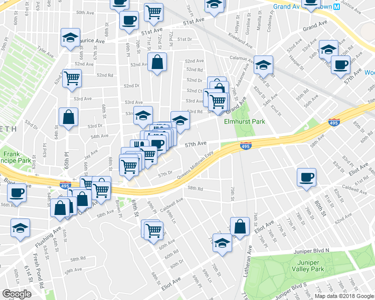 map of restaurants, bars, coffee shops, grocery stores, and more near 72-30 57th Avenue in Queens
