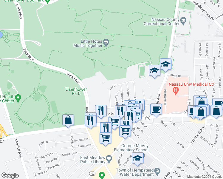 map of restaurants, bars, coffee shops, grocery stores, and more near 126 Ava Drive in East Meadow