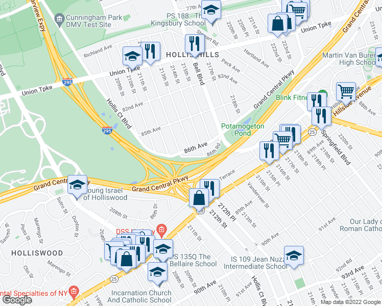 map of restaurants, bars, coffee shops, grocery stores, and more near 212-20 86th Avenue in Queens