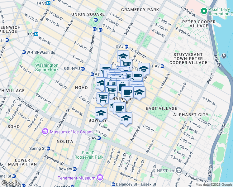 map of restaurants, bars, coffee shops, grocery stores, and more near 120 2nd Avenue in New York