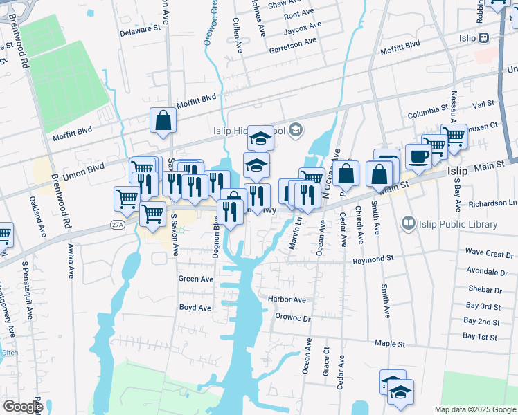 map of restaurants, bars, coffee shops, grocery stores, and more near 252 Main Street in Islip