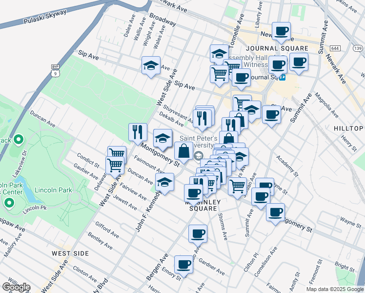 map of restaurants, bars, coffee shops, grocery stores, and more near 98 Glenwood Avenue in Jersey City