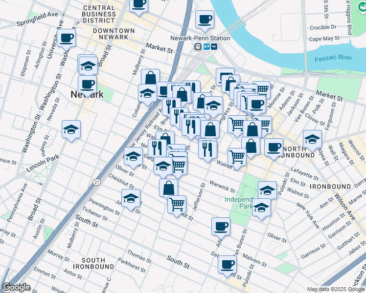 map of restaurants, bars, coffee shops, grocery stores, and more near 193 Walnut Street in Newark