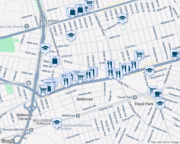 map of restaurants, bars, coffee shops, grocery stores, and more near 250-21 88th Road in Queens