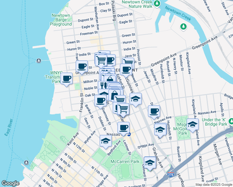 map of restaurants, bars, coffee shops, grocery stores, and more near 802 Manhattan Avenue in Brooklyn