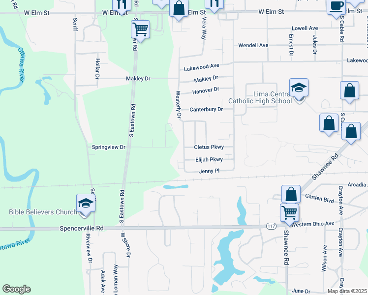map of restaurants, bars, coffee shops, grocery stores, and more near 3160 Cletus Parkway in Lima