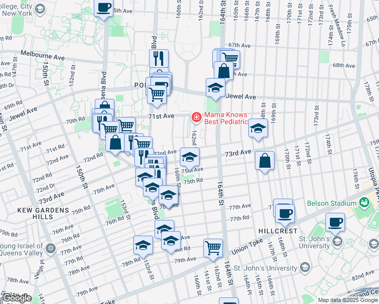 map of restaurants, bars, coffee shops, grocery stores, and more near 161-10 72nd Avenue in Queens