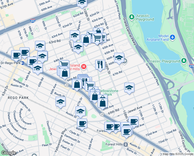 map of restaurants, bars, coffee shops, grocery stores, and more near 67-12 Yellowstone Boulevard in Queens