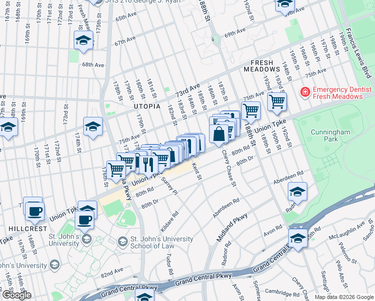map of restaurants, bars, coffee shops, grocery stores, and more near 75-71 182nd Street in Queens