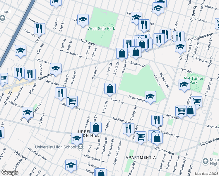map of restaurants, bars, coffee shops, grocery stores, and more near 731 South 11th Street in Newark