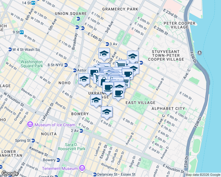 map of restaurants, bars, coffee shops, grocery stores, and more near 71 Saint Marks Place in New York