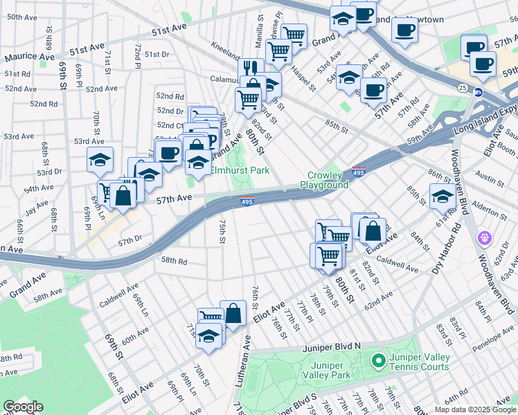 map of restaurants, bars, coffee shops, grocery stores, and more near 57-0 78th Street in Queens