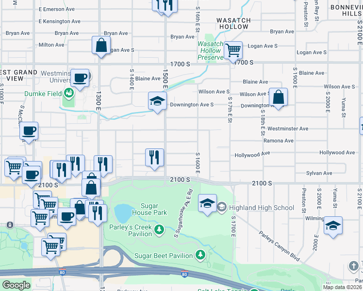 map of restaurants, bars, coffee shops, grocery stores, and more near 1562 Ramona Avenue in Salt Lake City