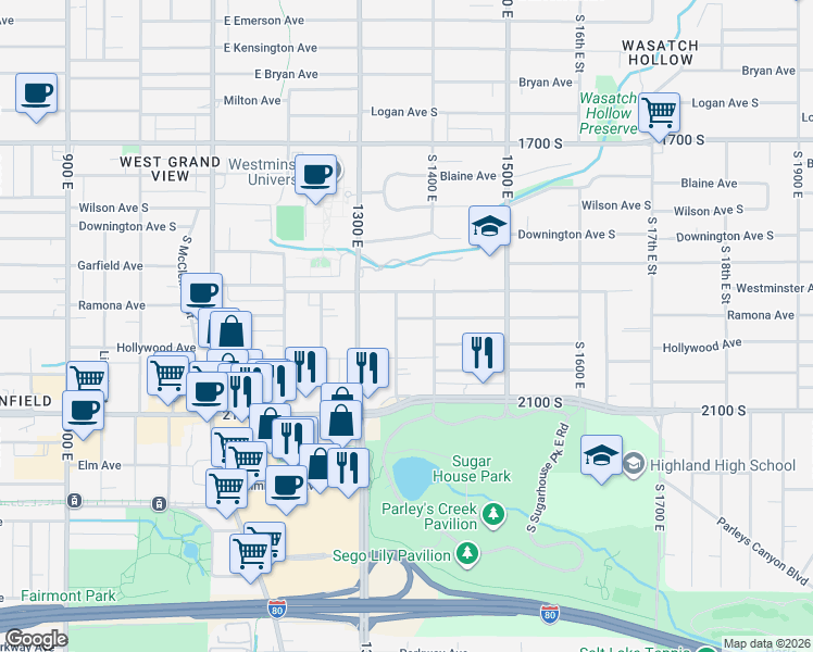 map of restaurants, bars, coffee shops, grocery stores, and more near in Salt Lake City