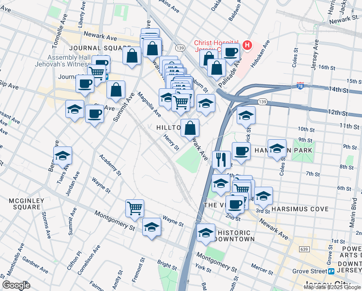 map of restaurants, bars, coffee shops, grocery stores, and more near in Jersey City