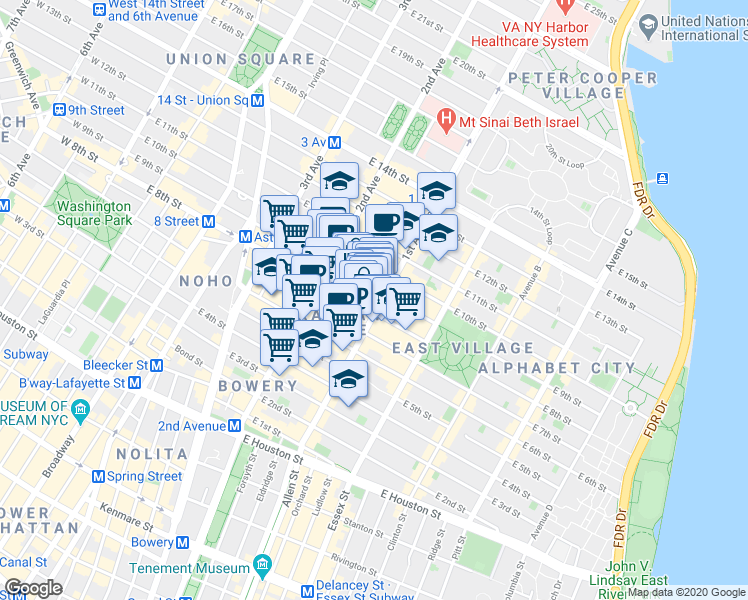 map of restaurants, bars, coffee shops, grocery stores, and more near 69 Saint Marks Place in New York