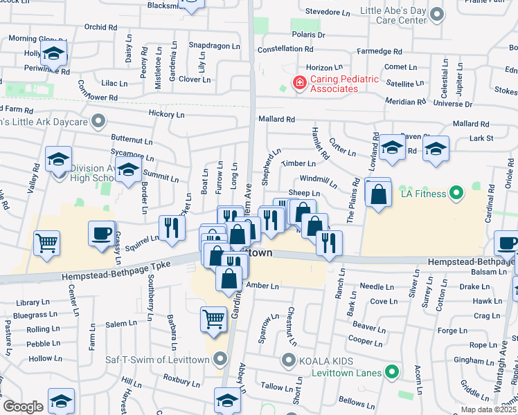 map of restaurants, bars, coffee shops, grocery stores, and more near 88 Shepherd Lane in Levittown