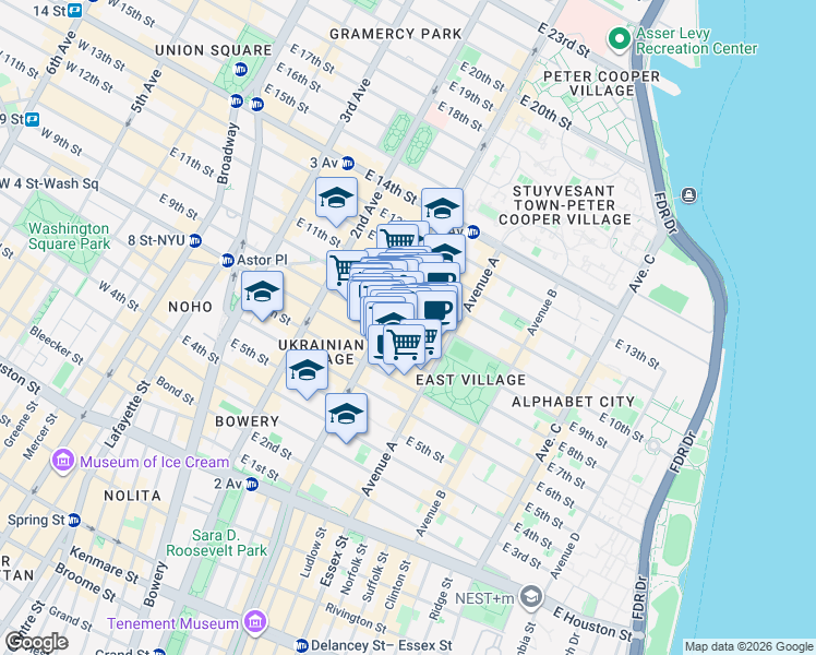 map of restaurants, bars, coffee shops, grocery stores, and more near 246 East 10th Street in New York