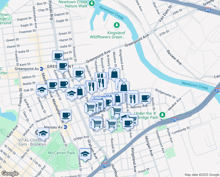 map of restaurants, bars, coffee shops, grocery stores, and more near 239 North Henry Street in Brooklyn