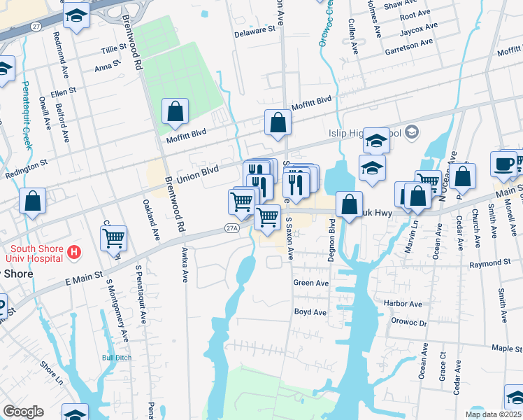 map of restaurants, bars, coffee shops, grocery stores, and more near 529 East Main Street in Bay Shore