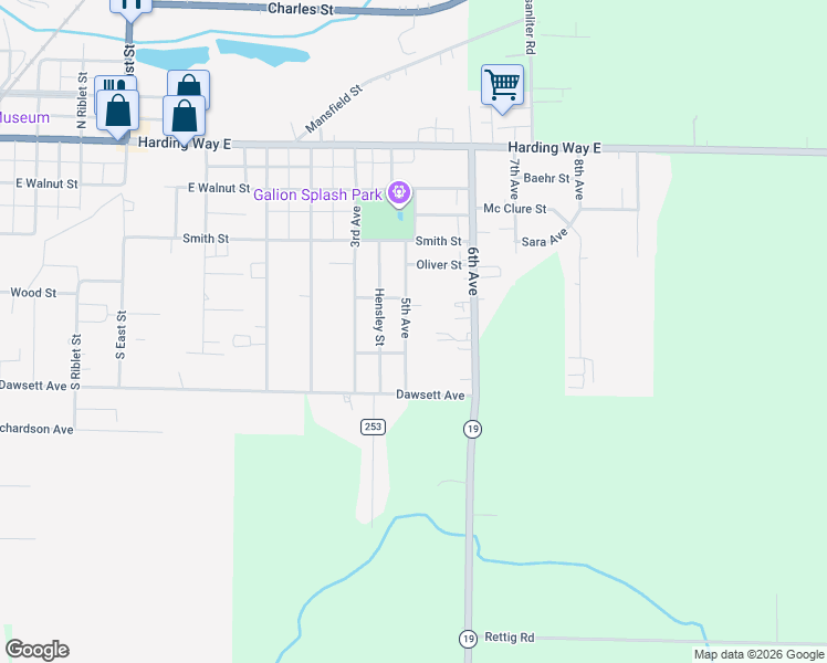 map of restaurants, bars, coffee shops, grocery stores, and more near 321 5th Ave in Galion