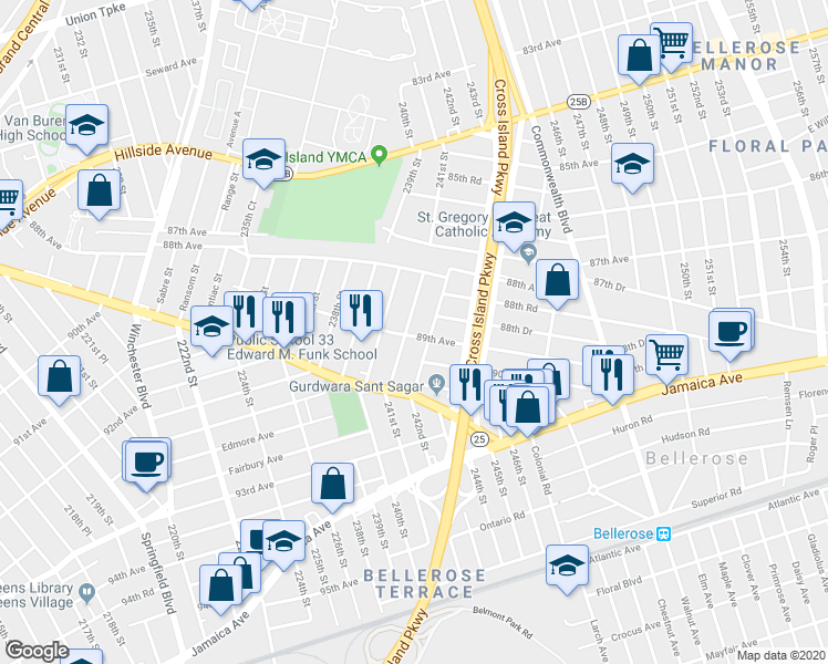map of restaurants, bars, coffee shops, grocery stores, and more near 88-61 241st Street in Queens