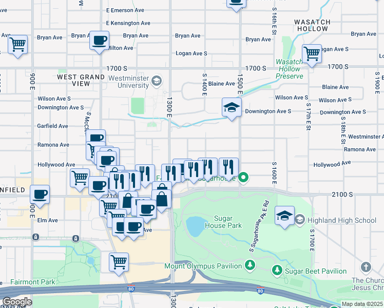 map of restaurants, bars, coffee shops, grocery stores, and more near 1362 Ramona Avenue in Salt Lake City