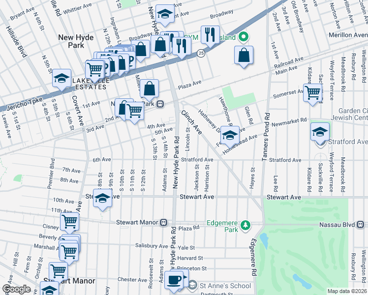 map of restaurants, bars, coffee shops, grocery stores, and more near 148 Lincoln Street in Garden City