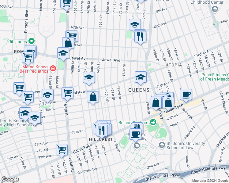 map of restaurants, bars, coffee shops, grocery stores, and more near 73-25 171st Street in Queens