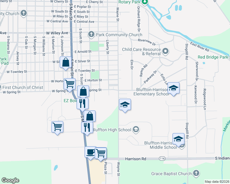 map of restaurants, bars, coffee shops, grocery stores, and more near 500 East Spring Street in Bluffton