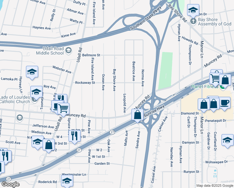 map of restaurants, bars, coffee shops, grocery stores, and more near 832 Bay Shore Avenue in West Islip