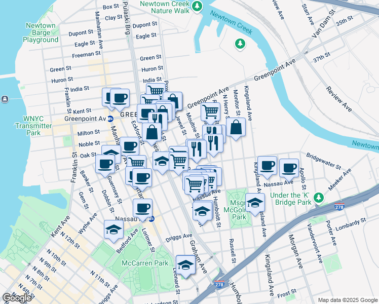 map of restaurants, bars, coffee shops, grocery stores, and more near 80 Jewel Street in Brooklyn