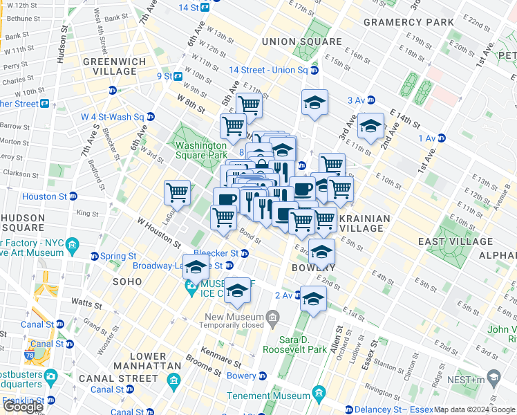 map of restaurants, bars, coffee shops, grocery stores, and more near 20 East 4th Street in New York