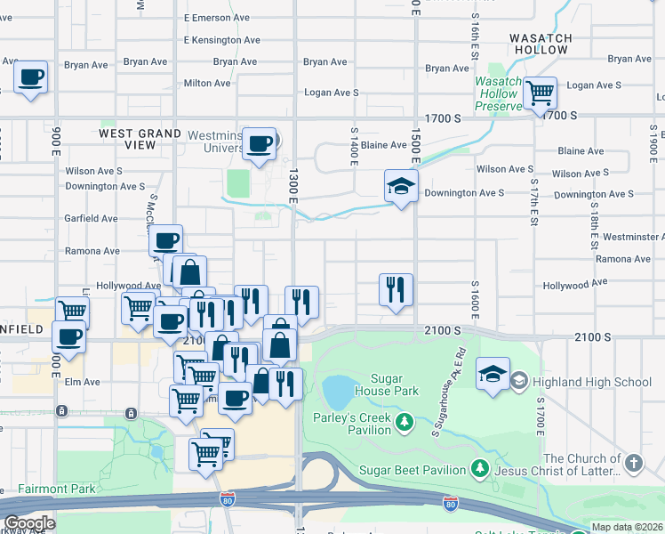 map of restaurants, bars, coffee shops, grocery stores, and more near 1362 Ramona Avenue in Salt Lake City