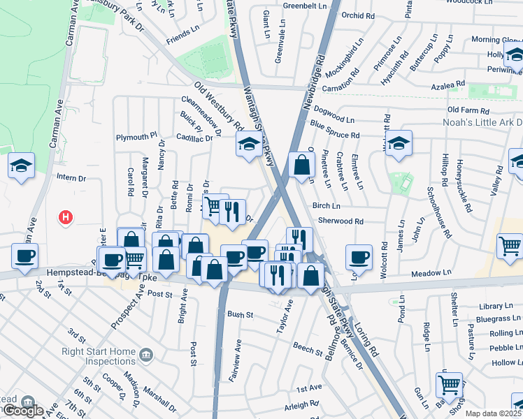 map of restaurants, bars, coffee shops, grocery stores, and more near 78 Jesse Place in East Meadow
