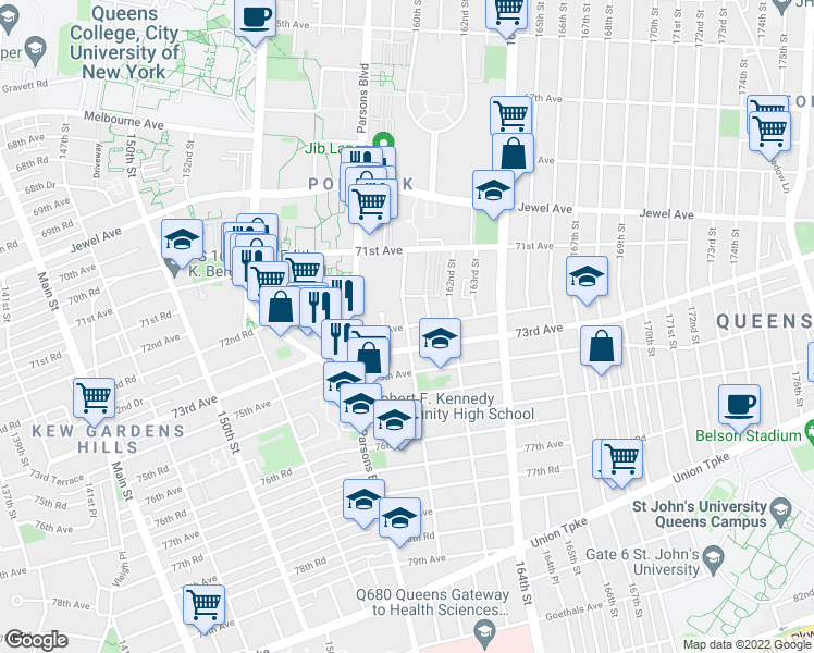 map of restaurants, bars, coffee shops, grocery stores, and more near 160th St & 72nd Ave in Queens
