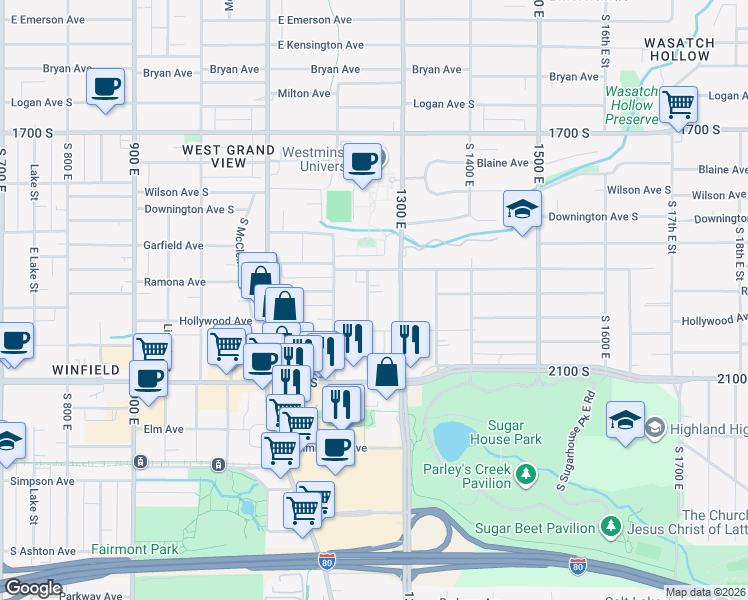 map of restaurants, bars, coffee shops, grocery stores, and more near 1943 Douglas Street in Salt Lake City